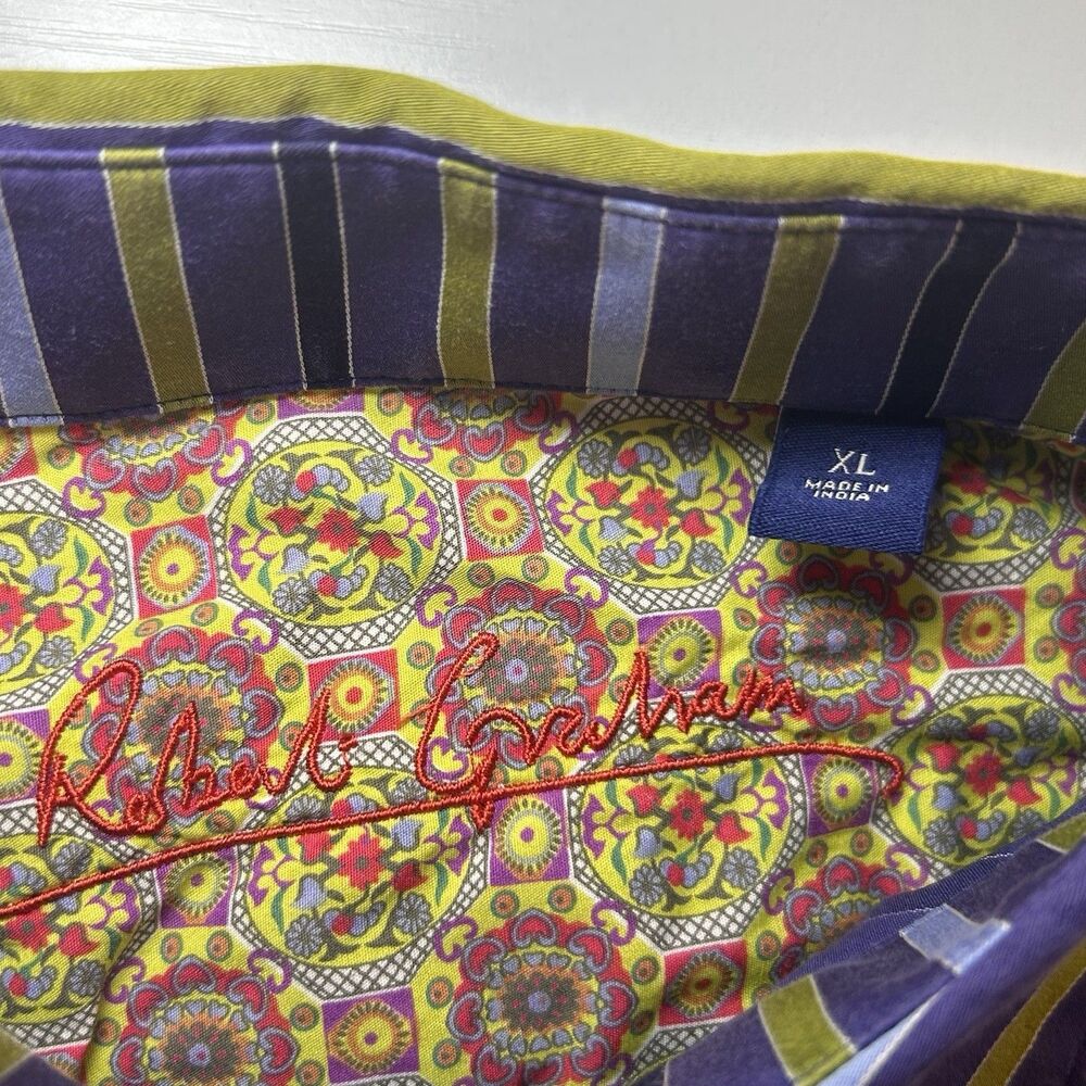 Robert Graham Shirt Mens XL Striped Embroidered Flip Cuff Button Up Long Sleeve - Picture 7 of 12